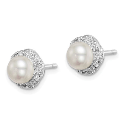 PSSE Sterling Silver Rhodium FW Cultured Pearl & Diamond Post Earrings
