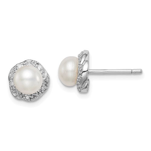 PSSE Sterling Silver Rhodium FW Cultured Pearl & Diamond Post Earrings