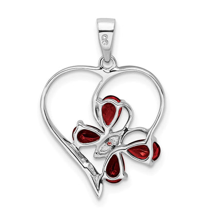 GSSP Sterling Silver Rhodium Garnet & Diamond Butterfly Heart Pendant