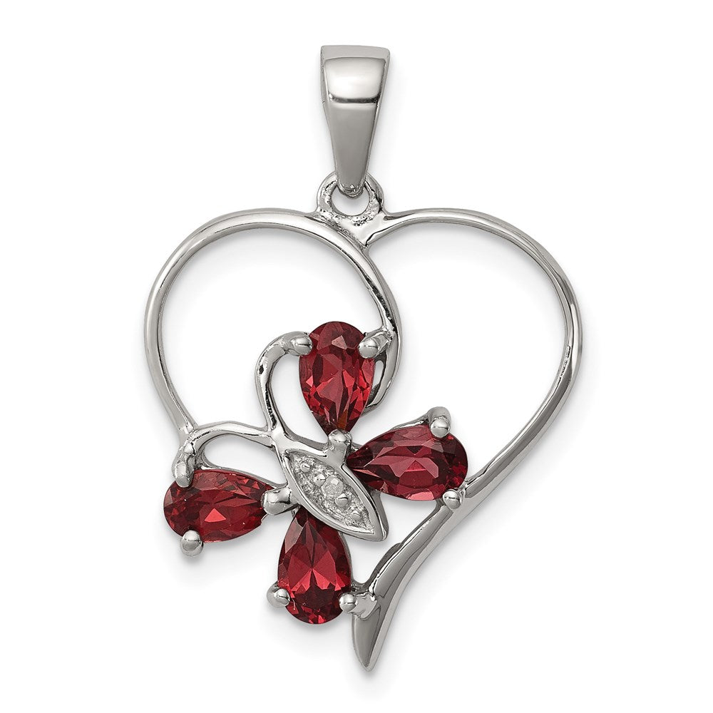 GSSP Sterling Silver Rhodium Garnet & Diamond Butterfly Heart Pendant