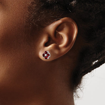 GSS Sterling Silver Rhodium Plated Garnet Flower Post Earrings
