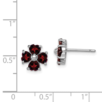 GSS Sterling Silver Rhodium Plated Garnet Flower Post Earrings