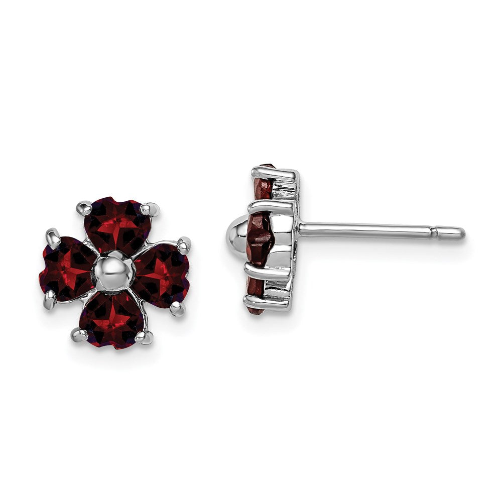 GSS Sterling Silver Rhodium Plated Garnet Flower Post Earrings