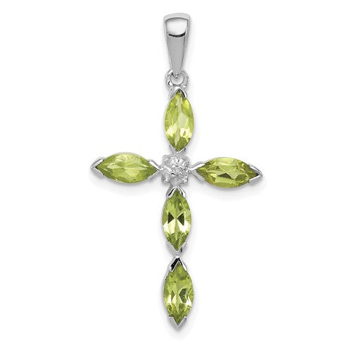 GSSP Sterling Silver Rhodium Plated Peridot and Diamond Cross Pendant