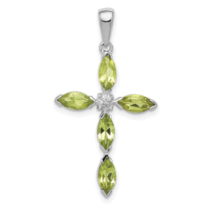 GSSP Sterling Silver Rhodium Plated Peridot and Diamond Cross Pendant