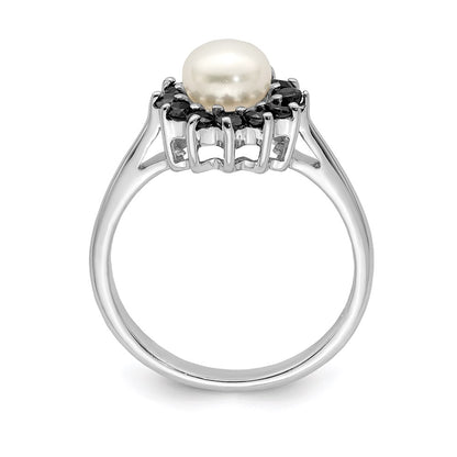 PSSR Sterling Silver Rhod 6mm FW Cultured Button Pearl & Sapphire Ring