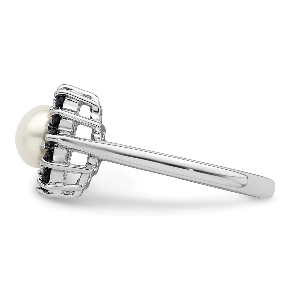 PSSR Sterling Silver Rhod 6mm FW Cultured Button Pearl & Sapphire Ring