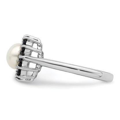 PSSR Sterling Silver Rhod 6mm FW Cultured Button Pearl & Sapphire Ring