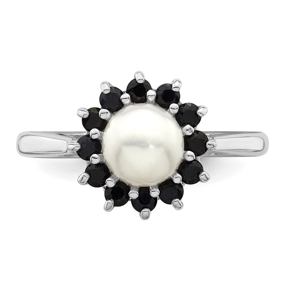 PSSR Sterling Silver Rhod 6mm FW Cultured Button Pearl & Sapphire Ring