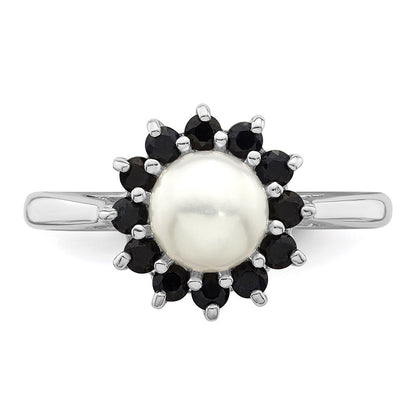 PSSR Sterling Silver Rhod 6mm FW Cultured Button Pearl & Sapphire Ring