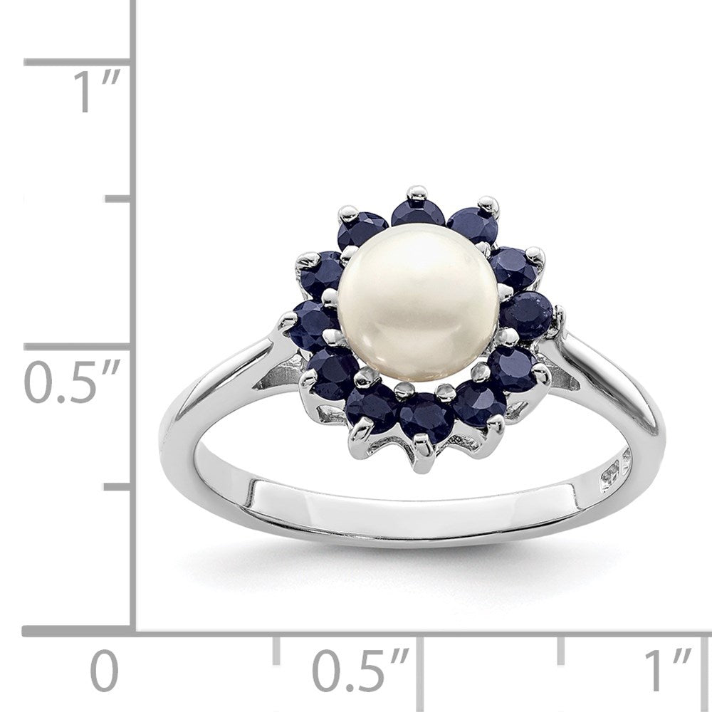 PSSR Sterling Silver Rhod 6mm FW Cultured Button Pearl & Sapphire Ring