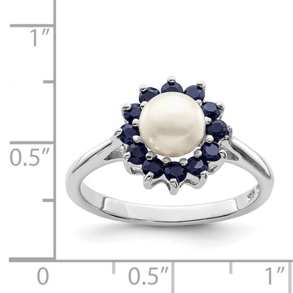 PSSR Sterling Silver Rhod 6mm FW Cultured Button Pearl & Sapphire Ring