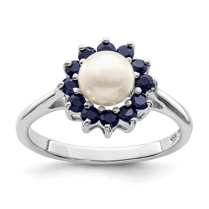 PSSR Sterling Silver Rhod 6mm FW Cultured Button Pearl & Sapphire Ring