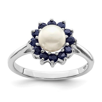 PSSR Sterling Silver Rhod 6mm FW Cultured Button Pearl & Sapphire Ring