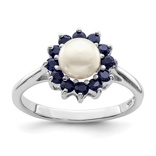 PSSR Sterling Silver Rhod 6mm FW Cultured Button Pearl & Sapphire Ring