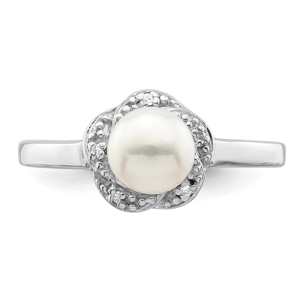 PSSR Sterling Silver Rhodium 6mm FW Cultured Button Pearl & Diamond Ring