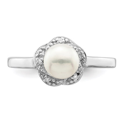 PSSR Sterling Silver Rhodium 6mm FW Cultured Button Pearl & Diamond Ring