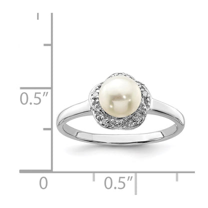 PSSR Sterling Silver Rhodium 6mm FW Cultured Button Pearl & Diamond Ring
