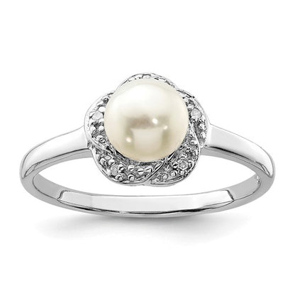 PSSR Sterling Silver Rhodium 6mm FW Cultured Button Pearl & Diamond Ring