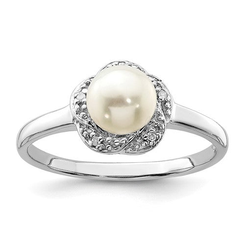 PSSR Sterling Silver Rhodium 6mm FW Cultured Button Pearl & Diamond Ring