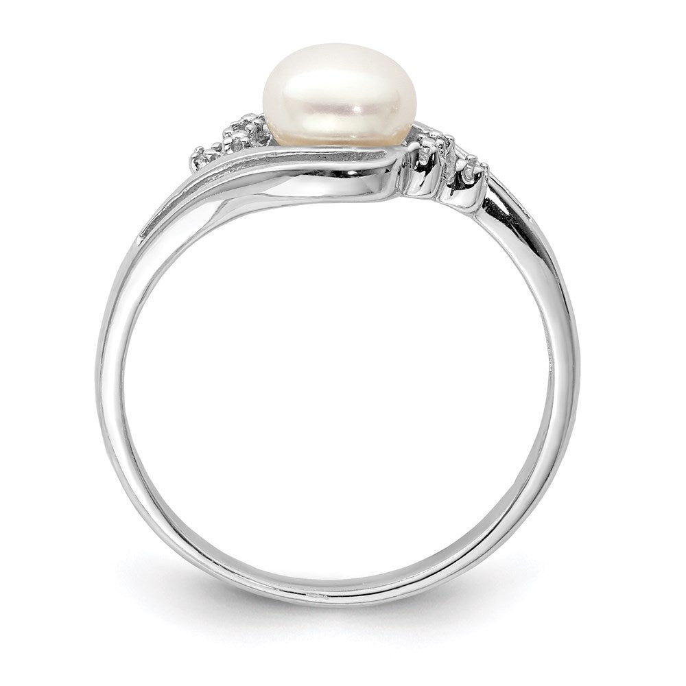 PSSR Sterling Silver Rhodium 6mm FW Cultured Button Pearl & Diamond Ring