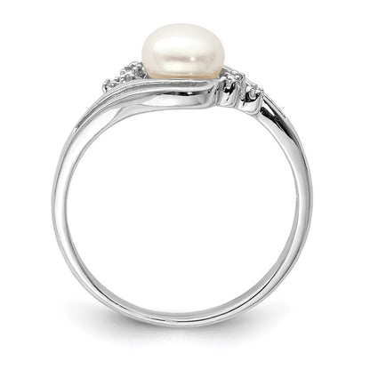 PSSR Sterling Silver Rhodium 6mm FW Cultured Button Pearl & Diamond Ring