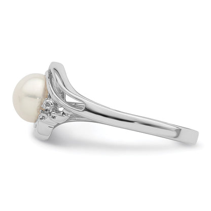 PSSR Sterling Silver Rhodium 6mm FW Cultured Button Pearl & Diamond Ring