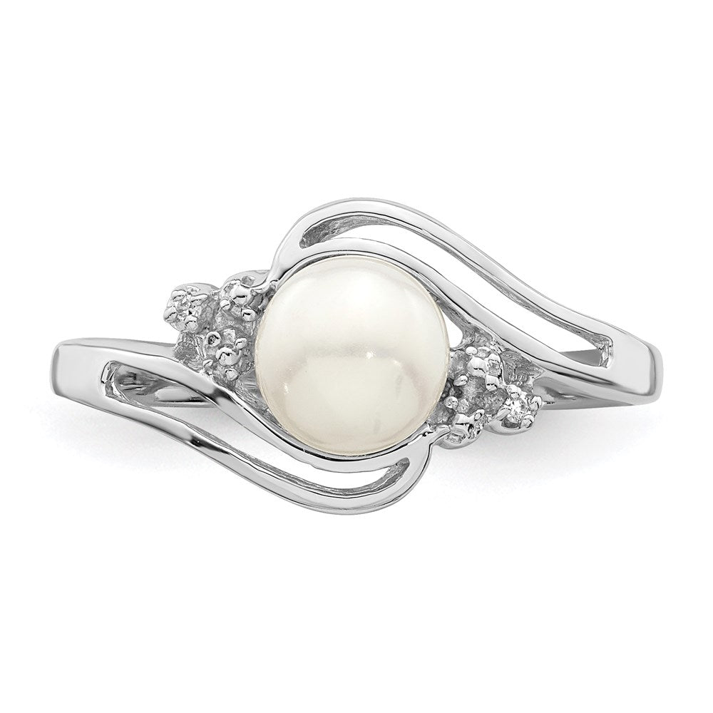PSSR Sterling Silver Rhodium 6mm FW Cultured Button Pearl & Diamond Ring