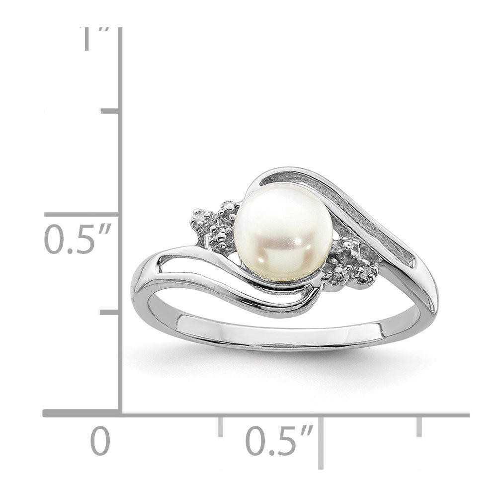 PSSR Sterling Silver Rhodium 6mm FW Cultured Button Pearl & Diamond Ring