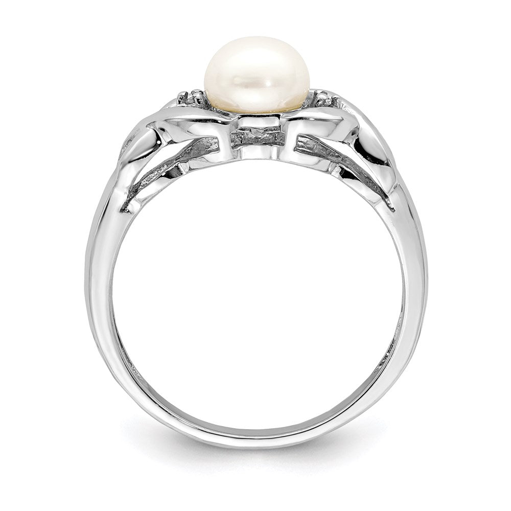 PSSR Sterling Silver Rhodium FW Cultured Button Pearl & Diamond Ring