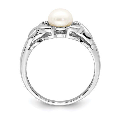 PSSR Sterling Silver Rhodium FW Cultured Button Pearl & Diamond Ring