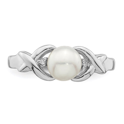 PSSR Sterling Silver Rhodium FW Cultured Button Pearl & Diamond Ring