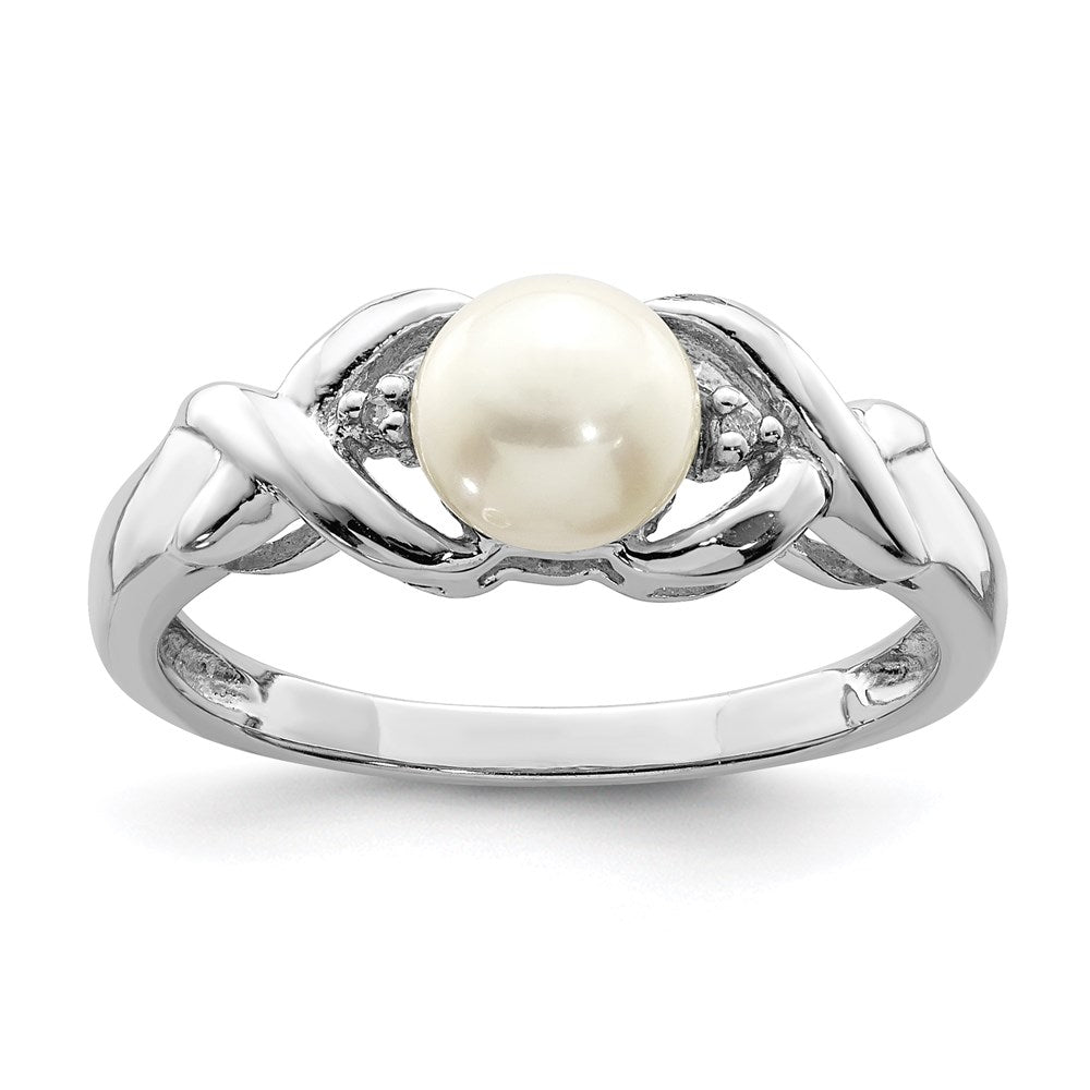 PSSR Sterling Silver Rhodium FW Cultured Button Pearl & Diamond Ring
