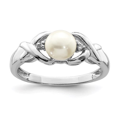 PSSR Sterling Silver Rhodium FW Cultured Button Pearl & Diamond Ring