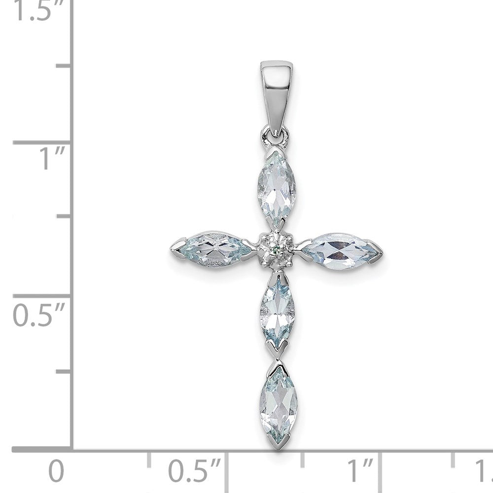 GSSP Sterling Silver Rhodium Aqua & Diamond Cross Pendant