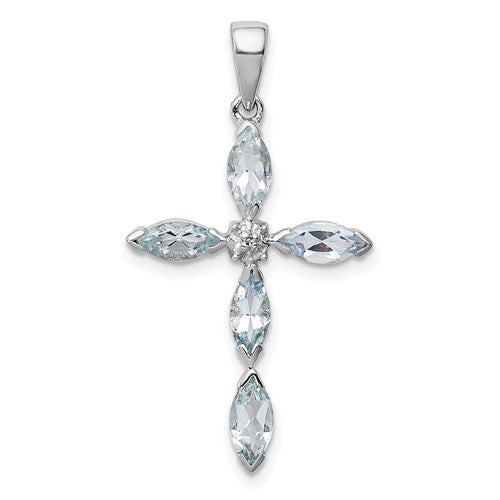 GSSP Sterling Silver Rhodium Aqua & Diamond Cross Pendant