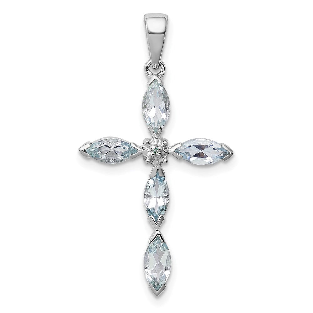 GSSP Sterling Silver Rhodium Aqua & Diamond Cross Pendant
