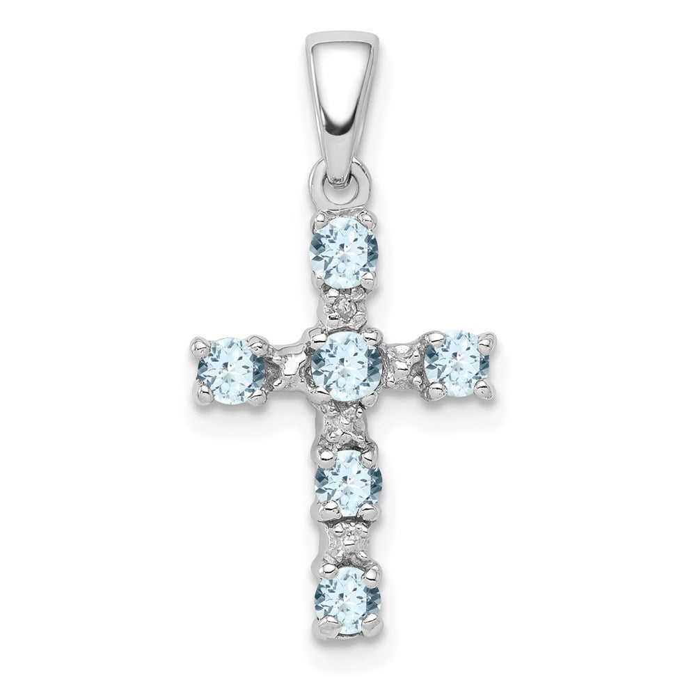 GSS Sterling Silver Rhodium-plated Aquamarine & Diamond Accent Cross Pendant