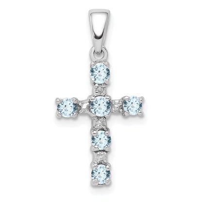GSS Sterling Silver Rhodium-plated Aquamarine & Diamond Accent Cross Pendant