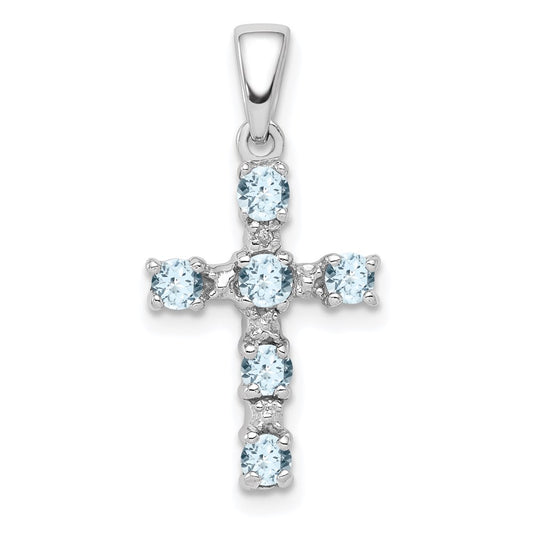 GSS Sterling Silver Rhodium-plated Aquamarine & Diamond Accent Cross Pendant