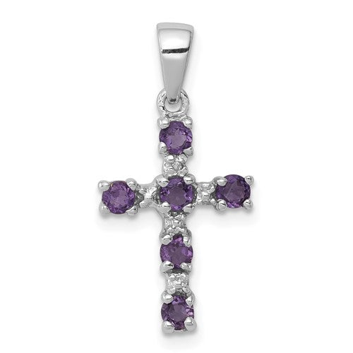 GSSP Sterling Silver RH Plated Amethyst and Diamond Accent Cross Pendant