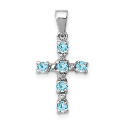 GSSP Sterling Silver Rhodium Lt Sw Blue Topaz Cross & Diamond Accent Pendant