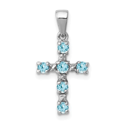 GSSP Sterling Silver Rhodium Lt Sw Blue Topaz Cross & Diamond Accent Pendant