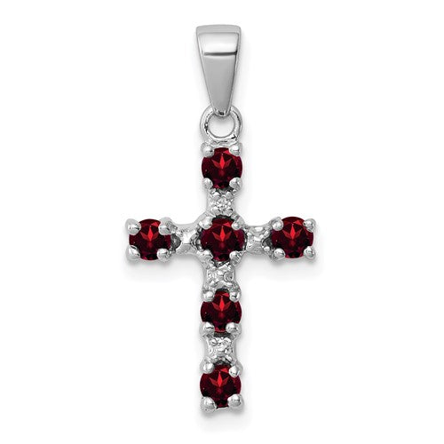 GSSP Sterling Silver Rhodium-plated Garnet & Diamond Accent Cross Pendant