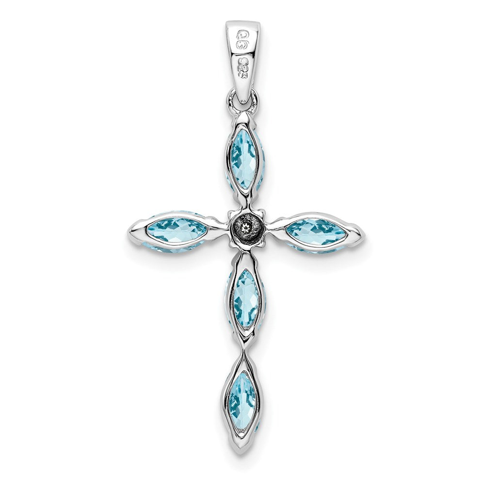 GSS Sterling Silver Rhodium Lt Sw Blue Topaz Cross & Diamond Pendant