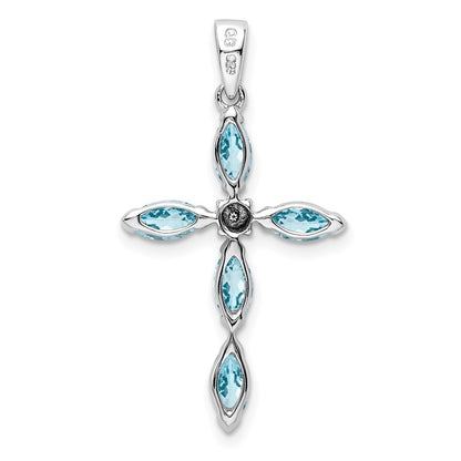 GSS Sterling Silver Rhodium Lt Sw Blue Topaz Cross & Diamond Pendant