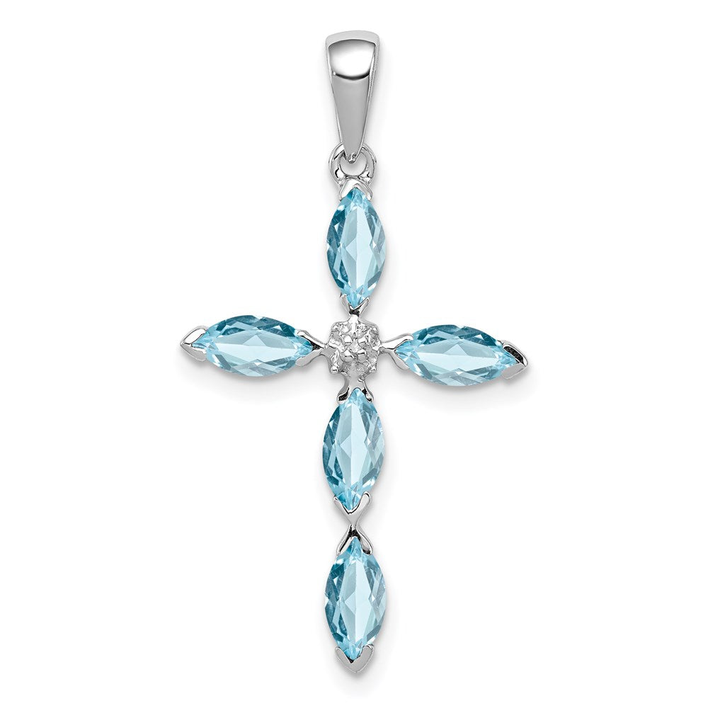 GSS Sterling Silver Rhodium Lt Sw Blue Topaz Cross & Diamond Pendant