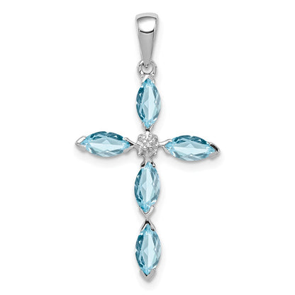 GSS Sterling Silver Rhodium Lt Sw Blue Topaz Cross & Diamond Pendant