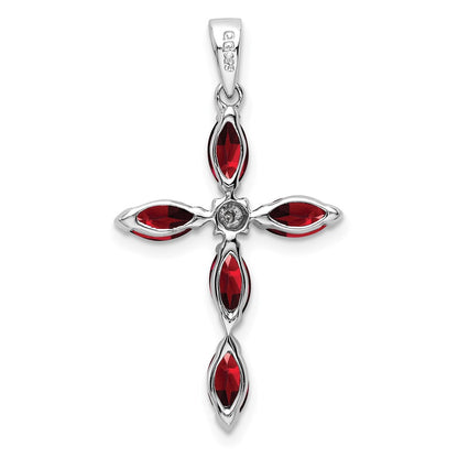 GSSP Sterling Silver Rhodium Garnet & Diamond Cross Pendant