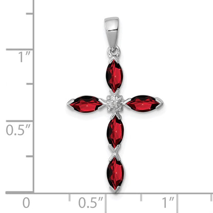 GSSP Sterling Silver Rhodium Garnet & Diamond Cross Pendant